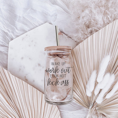 Wake Up Look Hot 17oz Glass Tumbler With Bamboo Lid - Motivational Coffee Cup