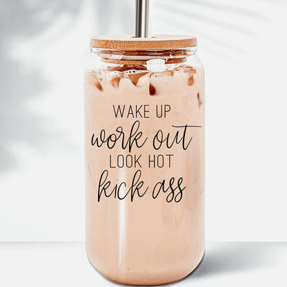 Wake Up Look Hot 17oz Glass Tumbler With Bamboo Lid - Motivational Coffee Cup