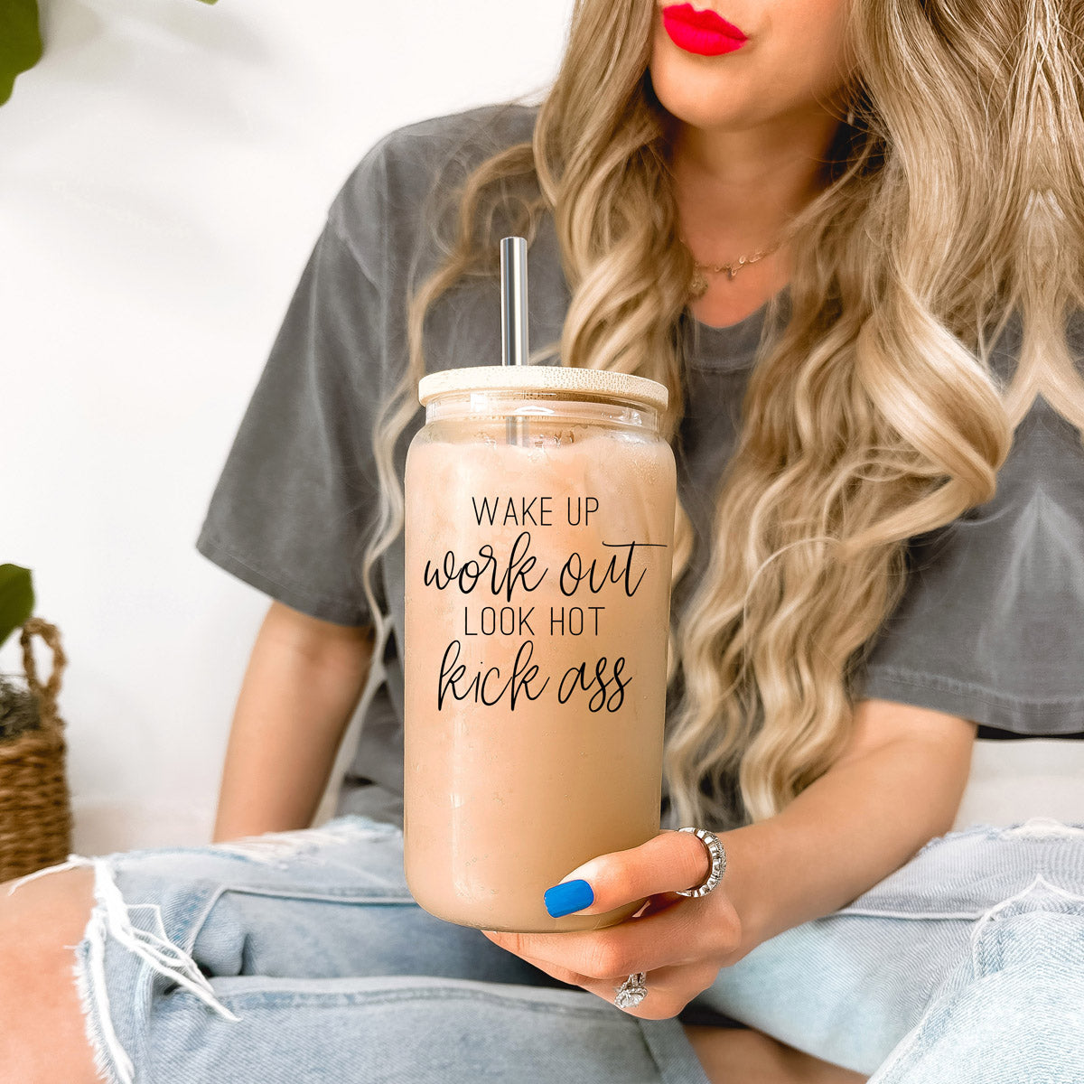 Wake Up Look Hot 17oz Glass Tumbler With Bamboo Lid - Motivational Coffee Cup