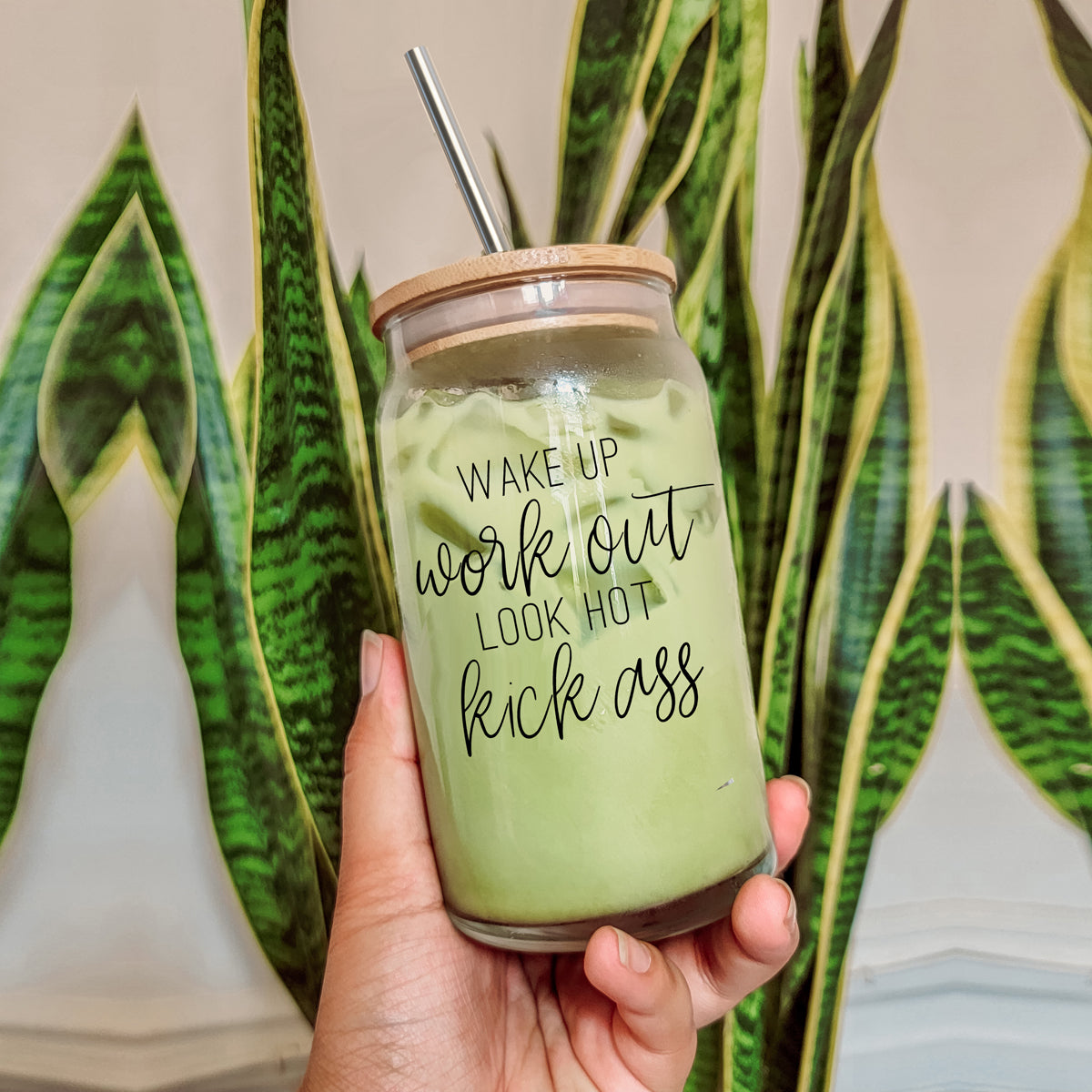 Wake Up Look Hot 17oz Glass Tumbler With Bamboo Lid - Motivational Coffee Cup